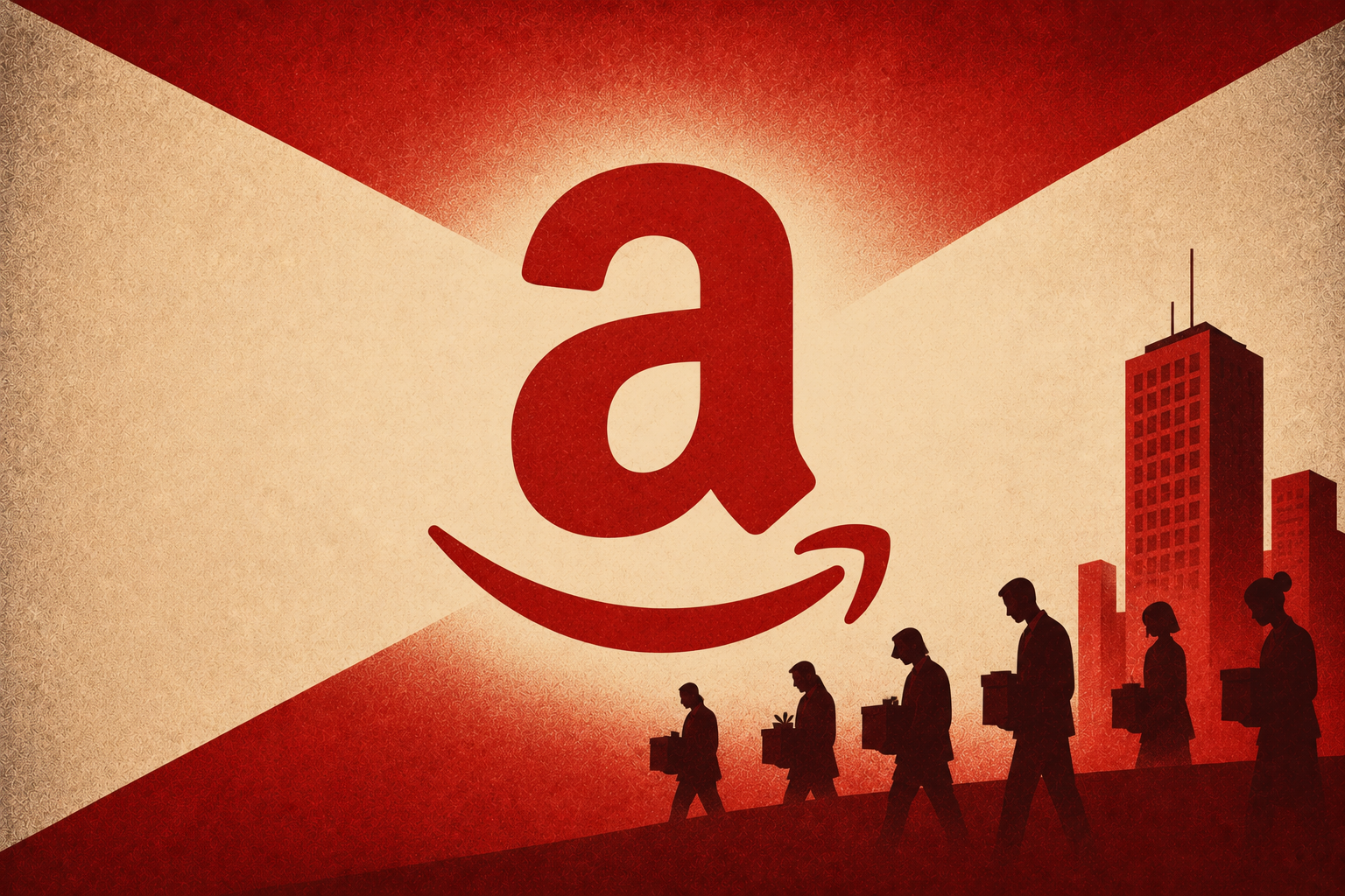 Abstract illustration of office workers leaving a corporate building beneath a large Amazon symbol.