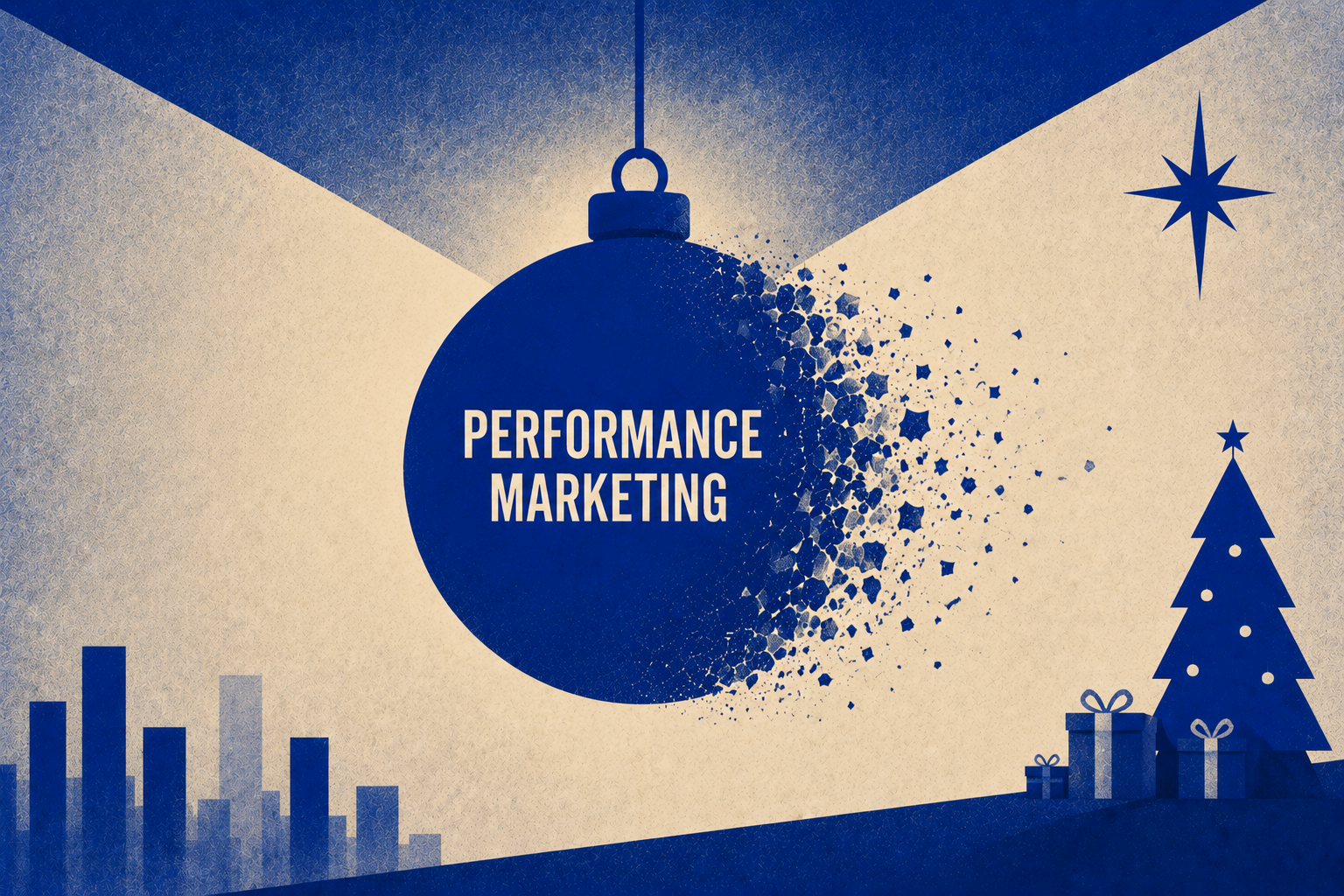 All I Want for Christmas Is for ‘Performance Marketing’ to Vanish Abstract illustration of a Christmas ornament labeled “Performance Marketing” disintegrating into fragments.