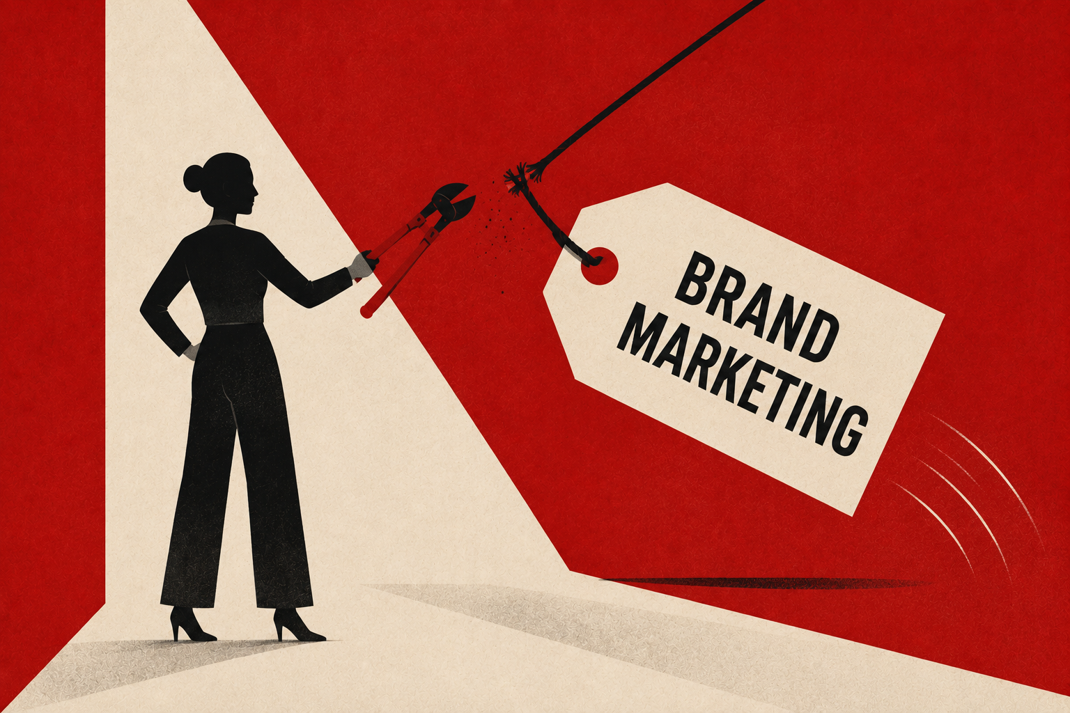 Abstract illustration of a woman cutting a tag labeled “Brand Marketing.â€